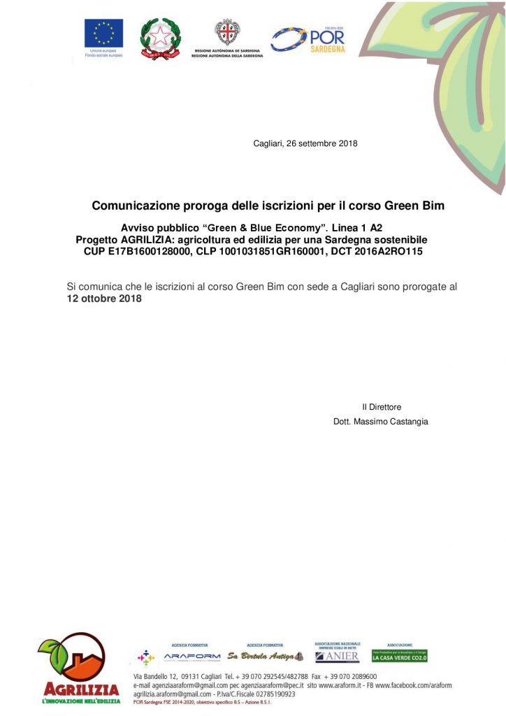 Si comunica che le iscrizioni al corso Green Bim con sede a Cagliari sono prorogate al 12 ottobre 2018