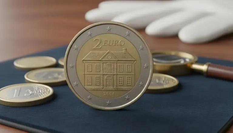 Moneta da 2 euro con inciso un edificio, posizionata su un piano con altre monete e una lente d'ingrandimento