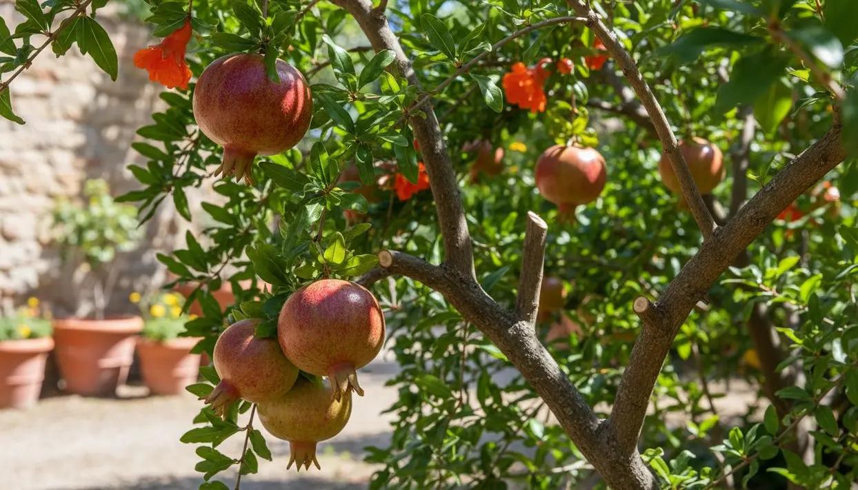 Melograni maturi su un albero in giardino soleggiato con rami potati