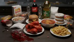 Varietà di cibi altamente processati e zuccherati su un tavolo da cucina