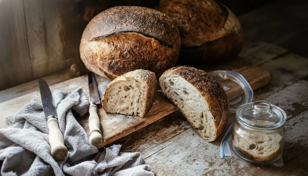 Pane rustico tagliato su un tagliere di legno con coltelli e barattolo di vetro