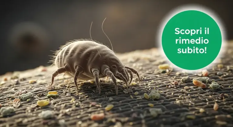 Macro di un acaro su una superficie tessile con particelle visibili attorno