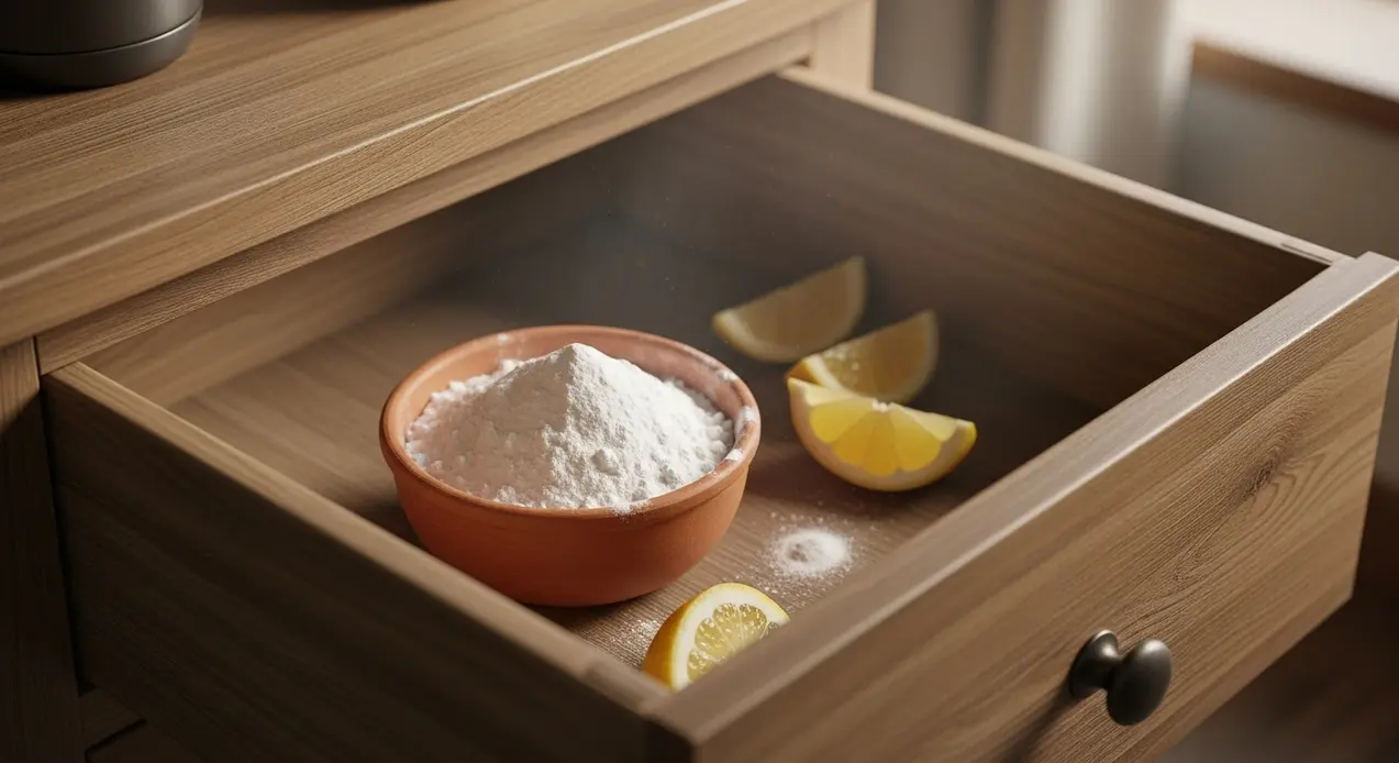 Ciotola di bicarbonato e fette di limone in un cassetto di legno aperto