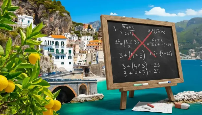 Lavagna con espressioni matematiche e un grande errore segnato, sullo sfondo una città costiera italiana