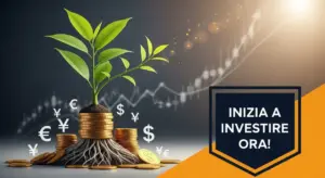 Pianta che cresce da monete con simboli valutari e grafico finanziario sullo sfondo