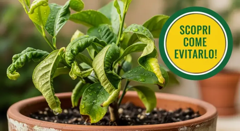Pianta di limone in vaso con foglie accartocciate e bagnate