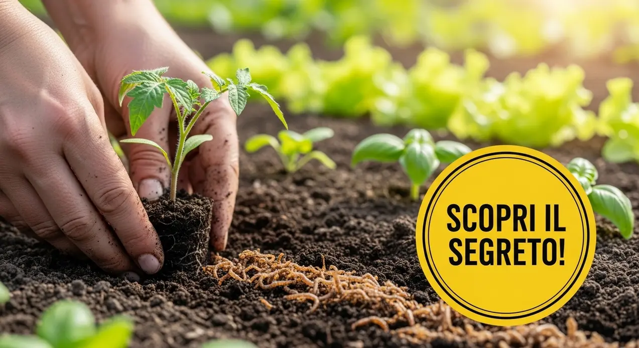 Mani che piantano una giovane piantina in un orto con terreno ricco di lombrichi