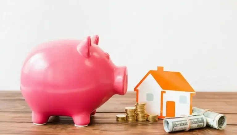 Salvadanaio rosa, casetta decorativa, monete e banconote su un tavolo in legno