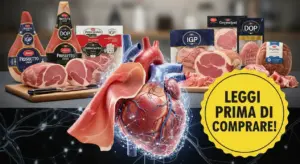 Vari tipi di prosciutto crudo accanto a un modello anatomico di cuore umano