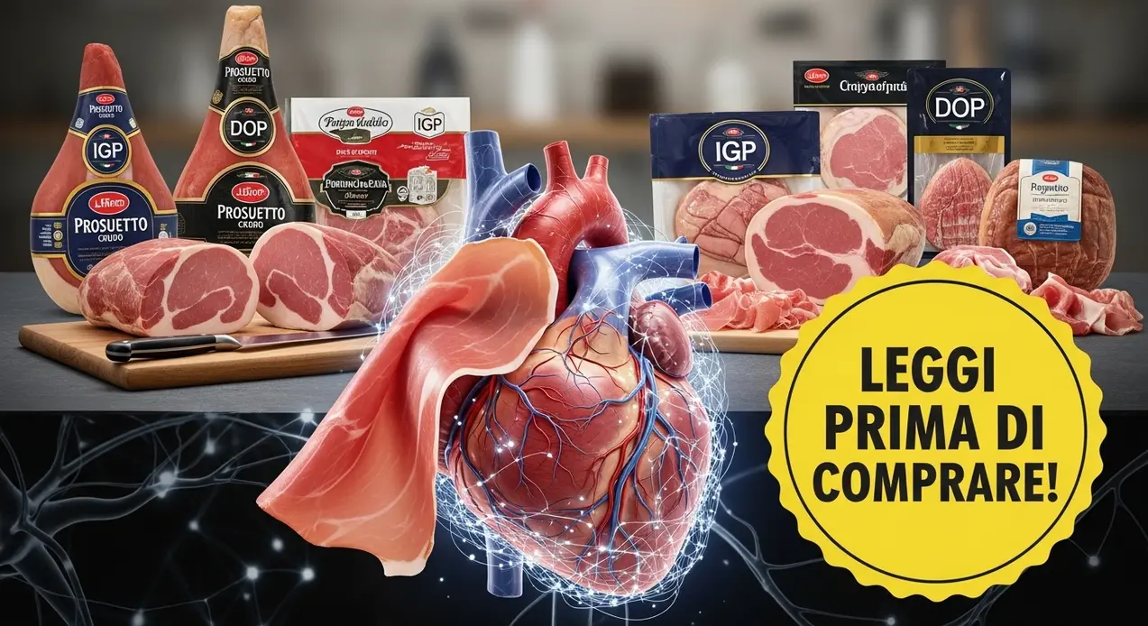Vari tipi di prosciutto crudo accanto a un modello anatomico di cuore umano