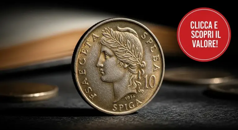 Primo piano di una moneta italiana da 10 lire con la spiga appoggiata su una superficie scura