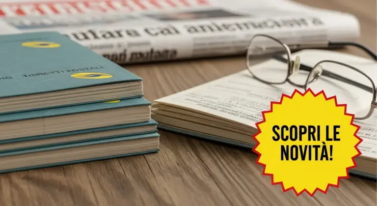 Libretti postali su un tavolo accanto a un paio di occhiali e un giornale