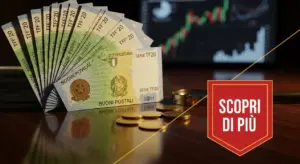 Buoni postali italiani disposti a ventaglio su un tavolo con monete e grafico finanziario sullo sfondo