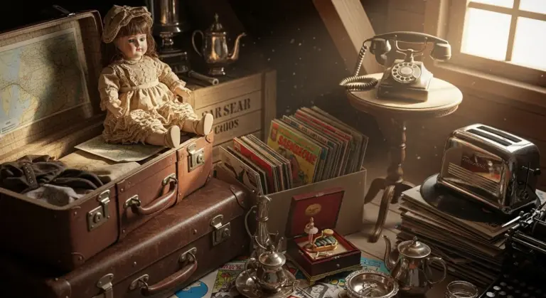 Oggetti vintage in soffitta, tra cui valigie, bambola antica, telefono a rotella e tostapane d'epoca