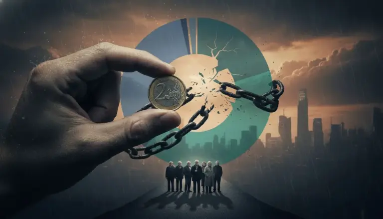 Mano che tiene una moneta da due euro con catena spezzata e persone anziane sullo sfondo