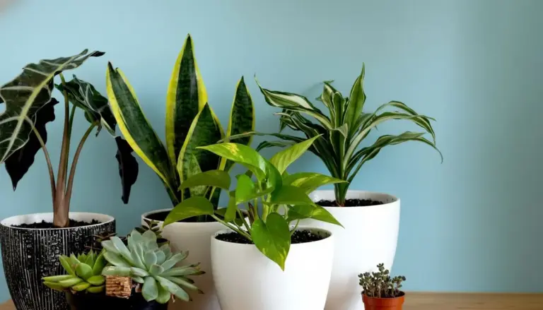 Varie piante da appartamento in vasi su un tavolo con sfondo azzurro