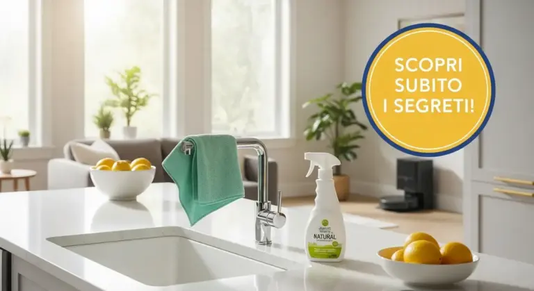 Cucina luminosa con panno verde, detersivo naturale e ciotole di limoni su un piano in marmo