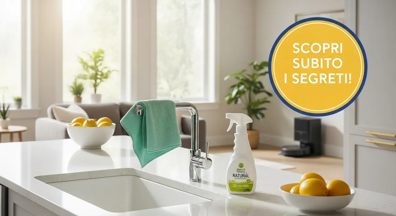 Cucina luminosa con panno verde, detersivo naturale e ciotole di limoni su un piano in marmo