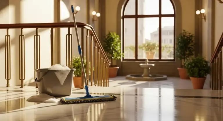Attrezzi per le pulizie in un elegante androne condominiale illuminato dalla luce naturale