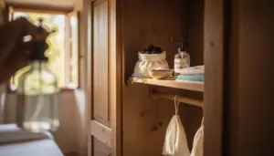 Interno di un armadio in legno con sacchetti profumati e flacone di rimedio naturale