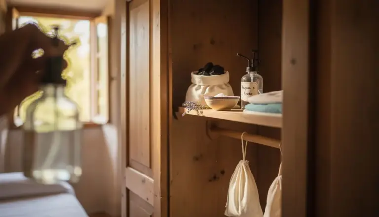 Interno di un armadio in legno con sacchetti profumati e flacone di rimedio naturale