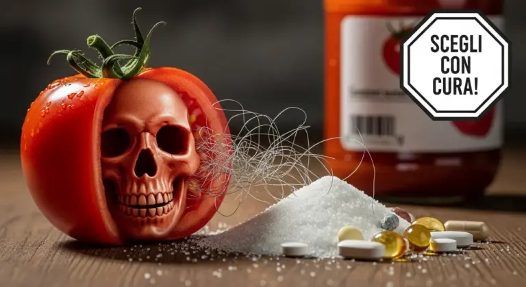 Pomodoro con teschio, zucchero, pillole e barattolo di salsa sullo sfondo