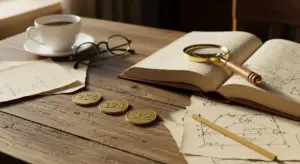 Tavolo con libri di matematica, disegni geometrici, lente d'ingrandimento e gettoni con numeri 256, 128, 32