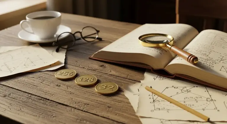Tavolo con libri di matematica, disegni geometrici, lente d'ingrandimento e gettoni con numeri 256, 128, 32
