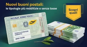 Buono postale stilizzato accanto a mazzi di banconote da 100 euro su sfondo verde-blu