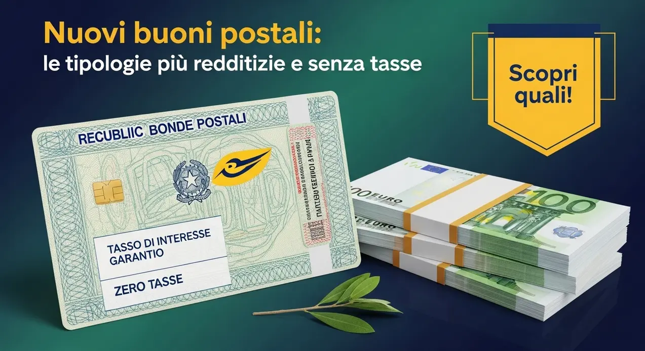 Buono postale stilizzato accanto a mazzi di banconote da 100 euro su sfondo verde-blu