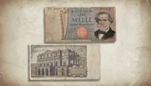 Due vecchie banconote da mille lire italiane con l'effigie di Giuseppe Verdi