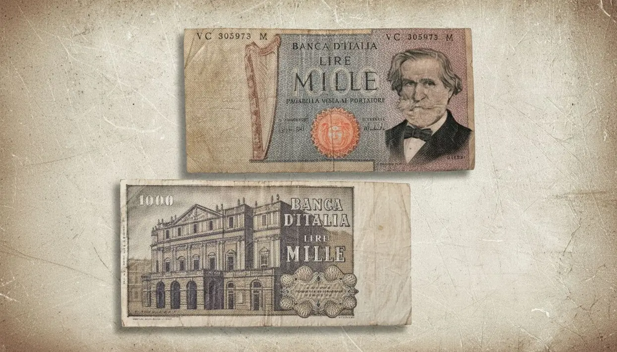 Due vecchie banconote da mille lire italiane con l'effigie di Giuseppe Verdi