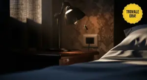 Zanzare visibili accanto a una lampada da comodino in una camera da letto poco illuminata